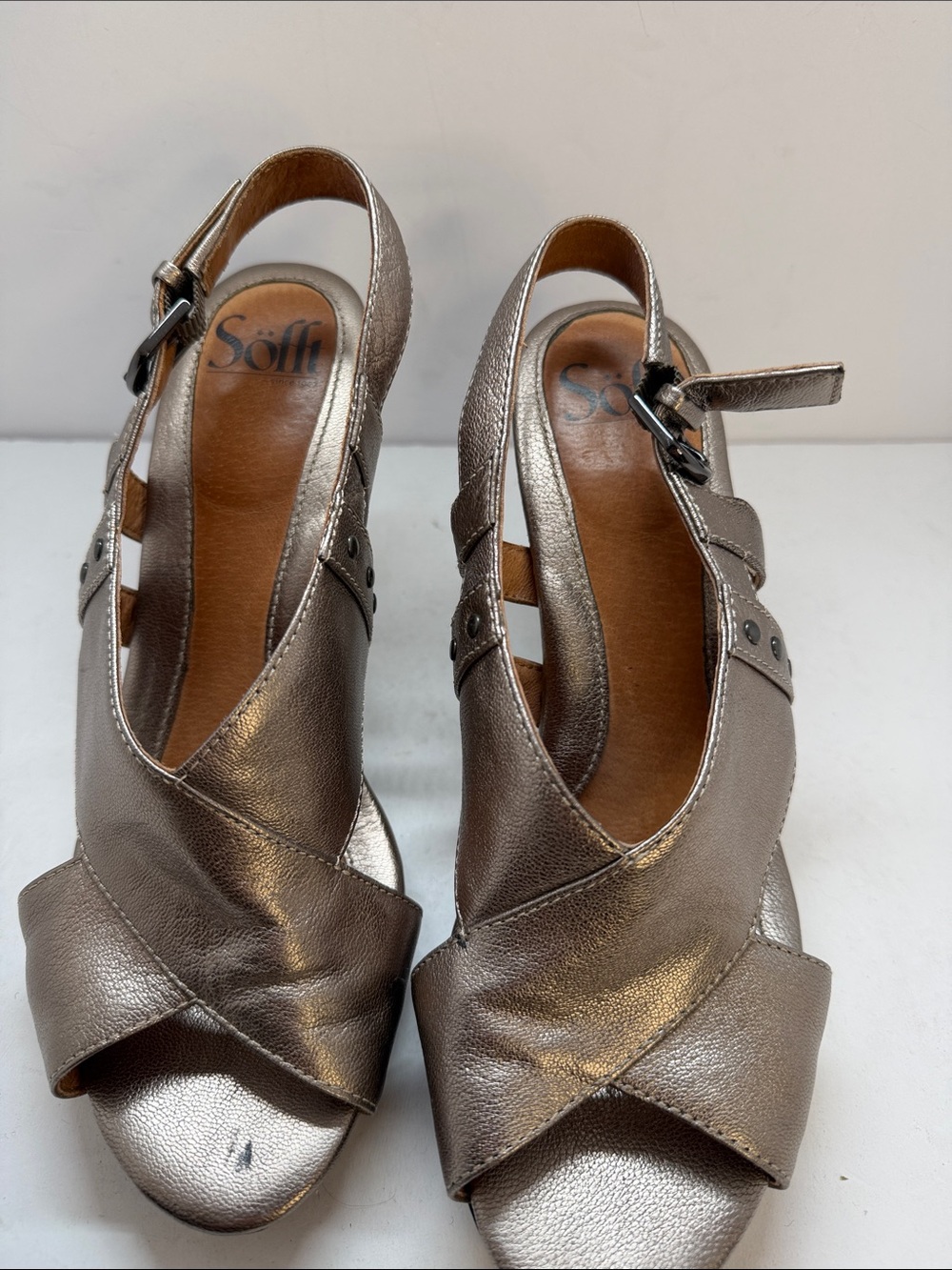 Sofft Metallic Pewter Cross-Strap Slingback Heels